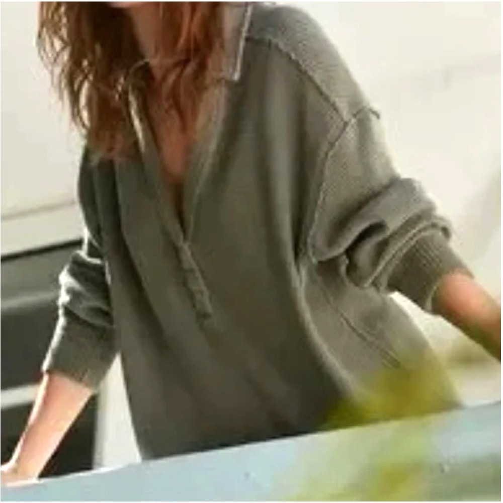 Aerie Lumber Jane Waffle Knit Polo Oversized Top Womens Small Olive Casual Comfy